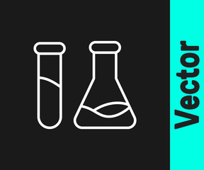 White line Test tube and flask - chemical laboratory test icon isolated on black background. Laboratory glassware sign. Vector Illustration