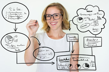 Happy young woman writing virtual flowchart in air. Pretty lady wearing glasses and giving lecture. Presentation concept. Isolated front view on white background.