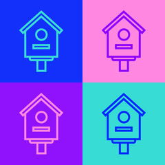 Pop art line Bird house icon isolated on color background. Nesting box birdhouse, homemade building for birds. Vector Illustration