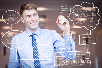 Happy businessman writing virtual flowchart on transparent board. Closeup portrait of smiling adult man holding marker with blurred ceiling in background. Front view.
