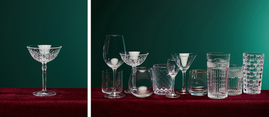 collage of set of cocktail glasses isolated on green
