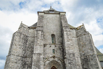 Front view of the fortified monastery of Saint-Michel des Anges at Saint-Angel, France. 