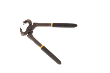 Open black carpenter pliers, isolated on white background