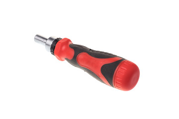 Screwdriver ratchet with plastic handle with hollow space for bits, isolated on white background