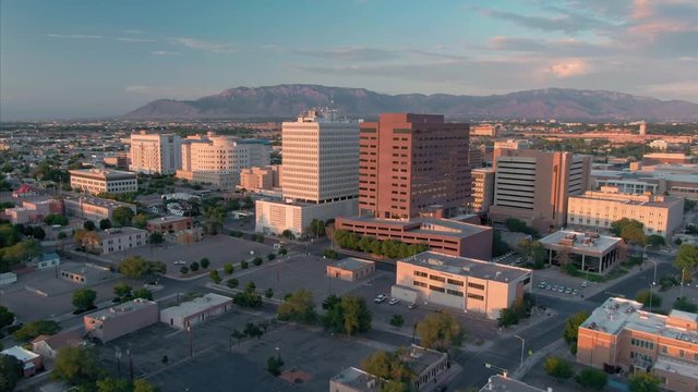Albuquerque, New Mexico, USA. 1 September 2019. Aerial flying over the downtown city CBD