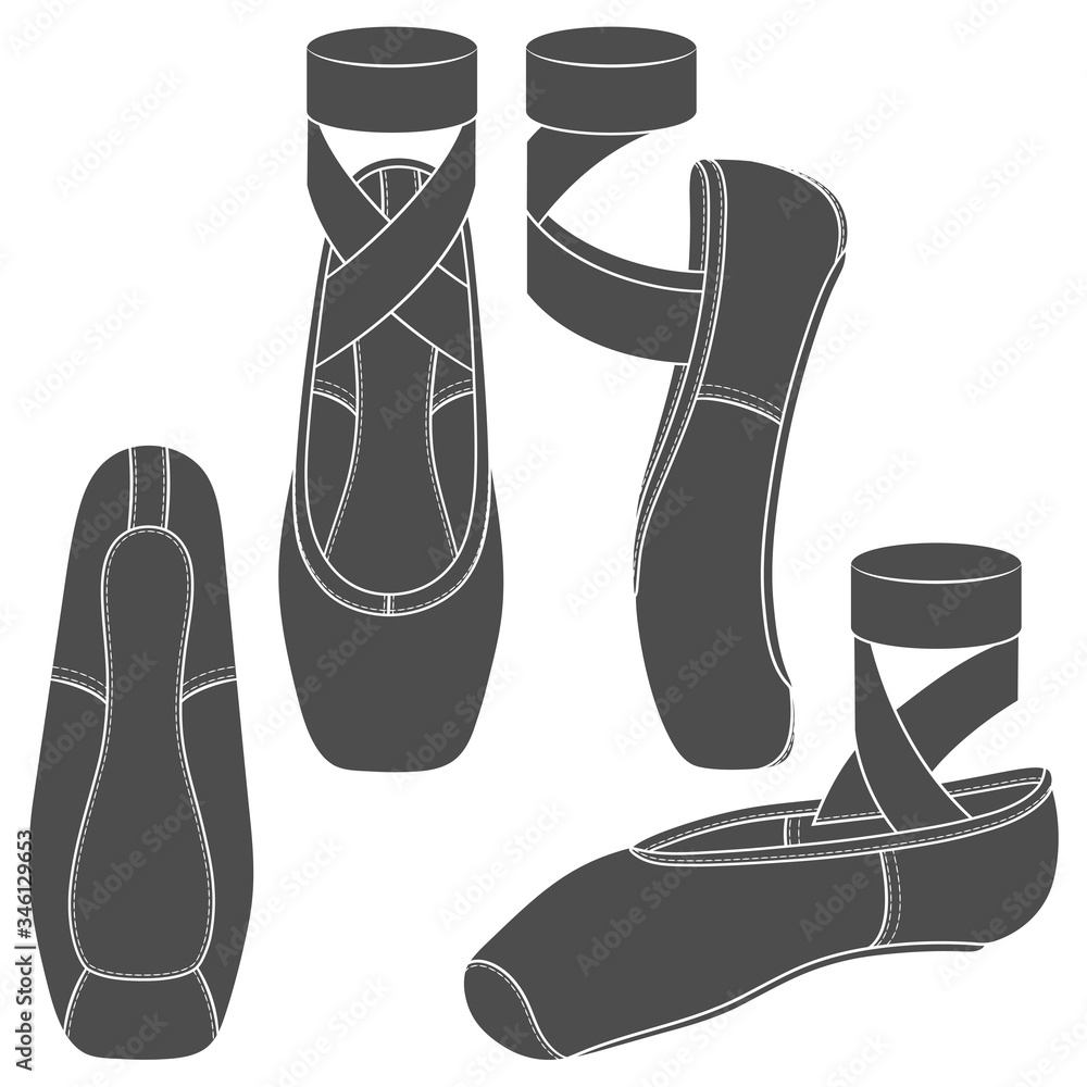 Poster set of black and white illustrations with pointe shoes, ballet shoes. isolated vector objects on a w