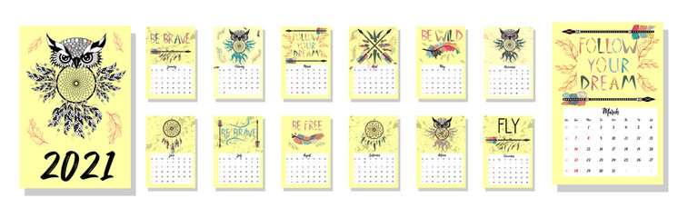 Colorful cute monthly boho calendar 2021 with dream catchers, boho owls, arrows, feathers, inspirational inscriptions.