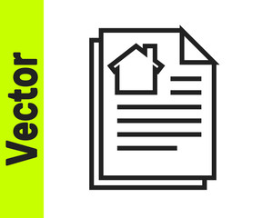 Black line House contract icon isolated on white background. Contract creation service, document formation, application form composition. Vector Illustration