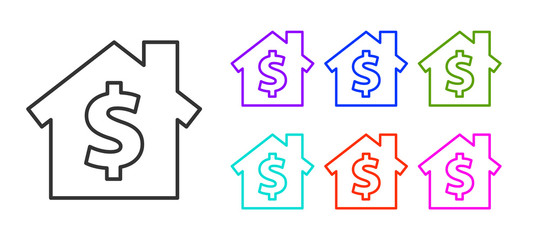 Black line House with dollar symbol icon isolated on white background. Home and money. Real estate concept. Set icons colorful. Vector Illustration