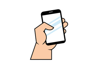 Hand with mobile phone vector. Hand holding mobile icon vector. Hand holding smartphone icon isolated on a white background