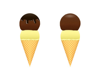 Ice cream on white isolated background. Vanilla and chocolate scoop in a sweet waffle cones. With and without chocolate dressing.