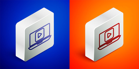 Isometric line Online play video icon isolated on blue and orange background. Laptop and film strip with play sign. Silver square button. Vector Illustration