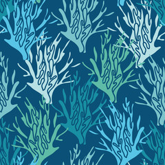 Blue green coral seamless pattern on blue background