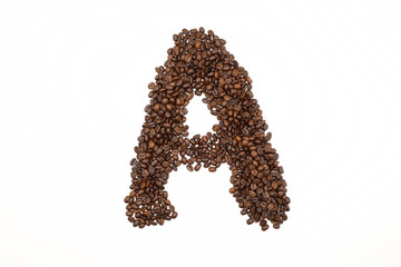 Letter A roasted coffee beans with white background
