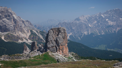Mountain peaks and panorama of Cinque Torri in the Dolomite Alps in summer, South Tyrol Italy.