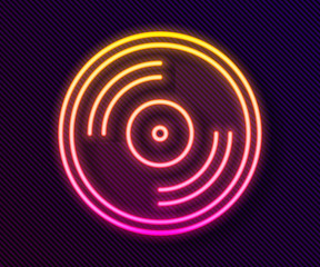 Glowing neon line Vinyl disk icon isolated on black background. Vector Illustration