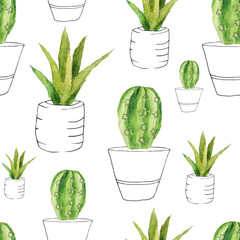 Seamless picture of cacti in white pots drawn in watercolor.The pattern is ideal for the design of any surfaces and fabrics.