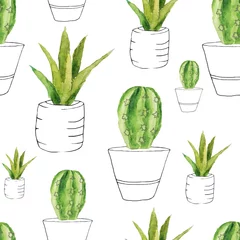 Foto op Plexiglas Planten in pot Naadloze afbeelding van cactussen in witte potten getekend in aquarel. Het patroon is ideaal voor het ontwerp van alle oppervlakken en stoffen.