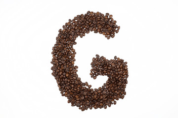 Letter G roasted coffee beans with white background
