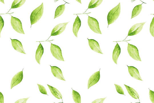 A seamless pattern of bright, green leaves is perfect for fabric, poster or postcard design.