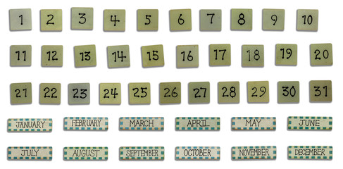 Wooden numbers set for date of the month and  wooden the name of 12 months. With isolated on white background.