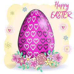 Fototapeta premium Happy Easter. Card template with eggs, grass and flowers. Flower paints