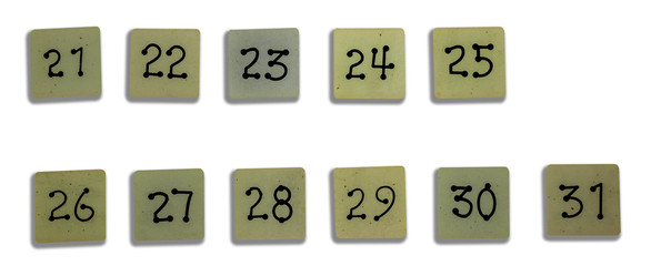 Wooden numbers set for 21 - 31 with clipping path on white background.