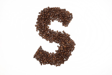 Letter S roasted coffee beans with white background
