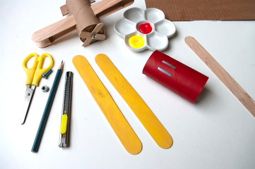 How to make airplane. Hand made toy,zero waste from toilet paper roll and popsicle sticks. For kids and parents. Step 11,details are painted