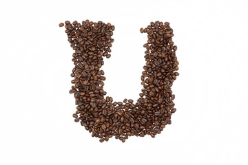 Letter U roasted coffee beans with white background

