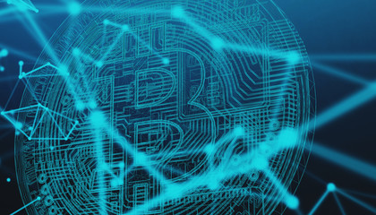 Bitcoins, new virtual money on various digital background, 3D render