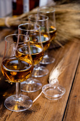 Tasting glasses with aged Scotch whisky or bourbon on old dark wooden vintage table with barley grains