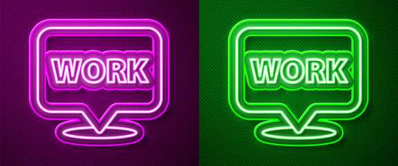 Glowing neon line Location with text work icon isolated on purple and green background. Vector Illustration