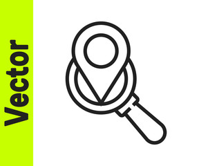 Black line Search location icon isolated on white background. Magnifying glass with pointer sign. Vector Illustration