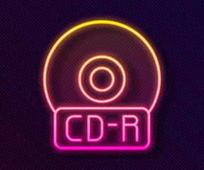 Glowing neon line CD or DVD disk icon isolated on black background. Compact disc sign. Vector Illustration