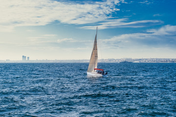 White sailboat in the sea, luxury adventure, active vacation in sea, Istanbul, Turkey