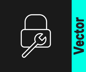 White line Lock repair icon isolated on black background. Padlock sign. Security, safety, protection, privacy concept. Vector Illustration