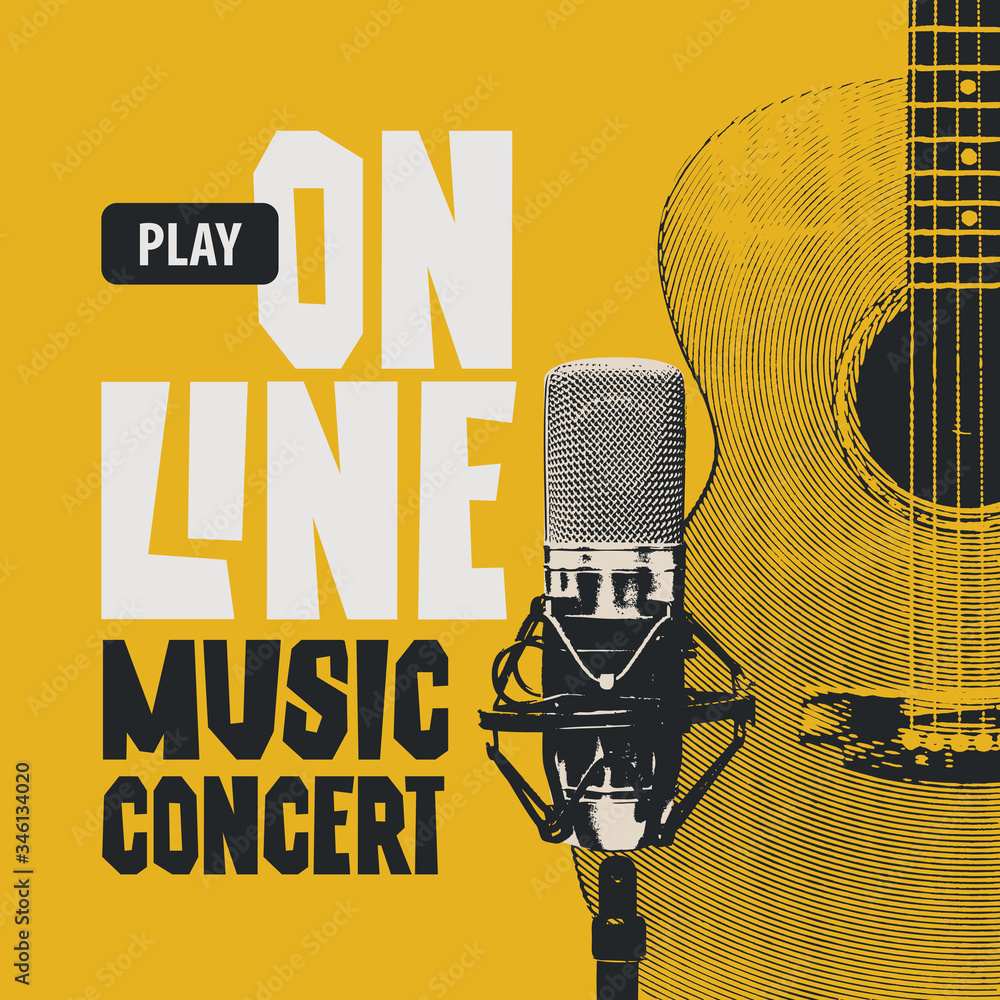 Wall mural Vector poster for an online music concert with a guitar and Studio microphone on a yellow background. Suitable for advertising, web banner, poster, flyer, invitation, cover, web page