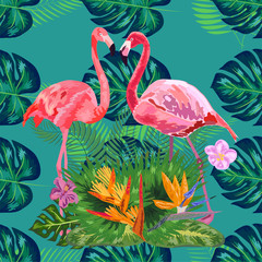 Naklejka premium seamless pattern of trendy bird pink flamingos. art design wallpaper