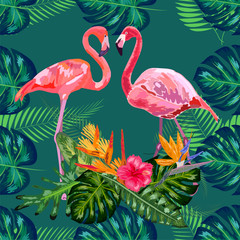 Naklejka premium Trendy seamless pattern pink flamingo birds couple. Bright camelia flowers. Tropical monstera green leaves.