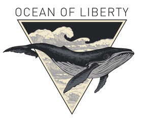 Vector banner on the theme of adventure, exploration and discovery with the words Ocean of liberty. Hand-drawn illustration with a big whale and triangle with sea waves in retro style © paseven