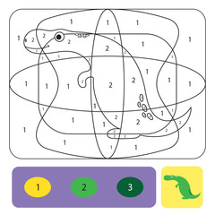 Cute dino coloring page for kids. Coloring puzzle with numbers of color