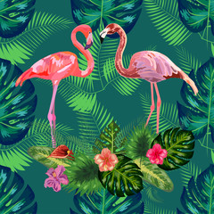 Trendy seamless pattern pink flamingo birds couple. Bright camelia flowers. Tropical monstera green leaves.