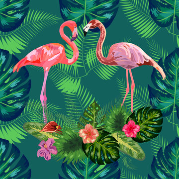 Trendy seamless pattern pink flamingo birds couple. Bright camelia flowers. Tropical monstera green leaves. © MichiruKayo