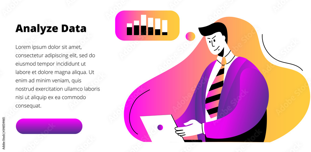 Poster a man with a laptop analyzes data on a graph. template for a horizontal banner.