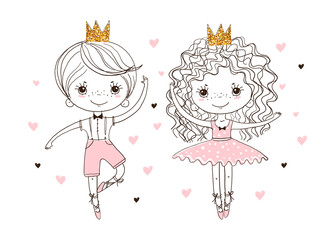 Little prince and princess in pointe shoes are dancing ballet. A boy and a girl are engaged in dancing. Cute doodle illustration, linear hand drawing. Vector isolated on white background.