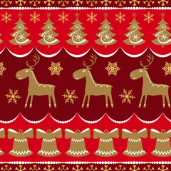 Merry Christmas and Happy New Year! Seamless pattern, holiday backgrounds with trees, bells, snowflakes and silhouette reindeer.