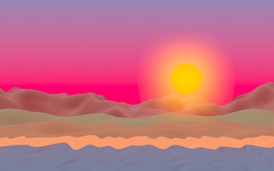 Fototapeta na wymiar Sun Sea Beach. Sunrise. Ocean shore line with waves on a beach. Island beach paradise with waves. Vacation, summer, relaxation. Seascape, seashore. Minimalist landscape, primitivism. 3D illustration