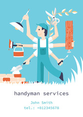 Flyer in flat design style. For handyman business. Man with many hands as symbol of diversity of services.