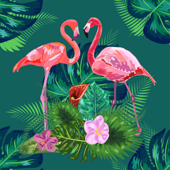 Naklejka premium seamless floral summer pattern background with tropical palm leaves, flamingo, hibiscus.